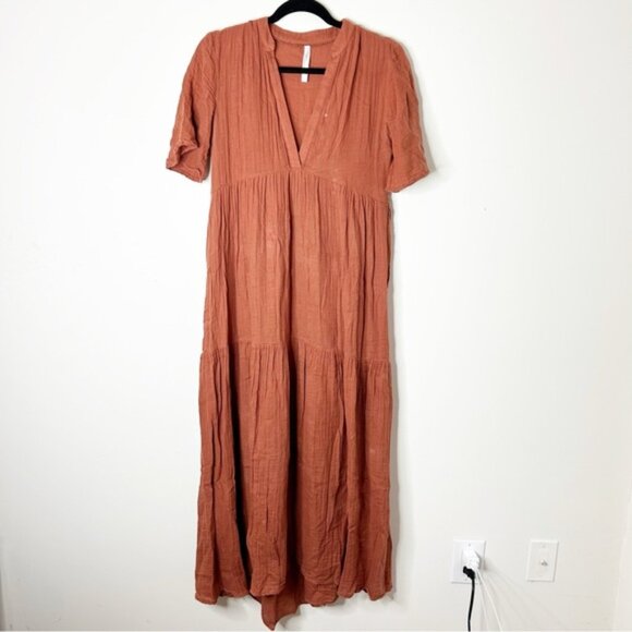 Anthropologie Kallie Flowy Maxi Dress Brown Crinkled Cotton Gauze Empire Waist - Picture 2 of 16